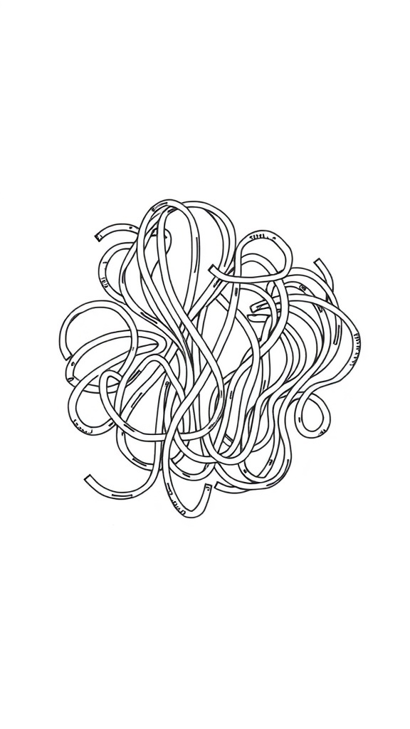 An easy drawing of different noodle shapes, including spaghetti and ramen, on a white background.